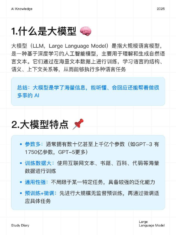 🔵每天一个AI知识：大模型（LLM）大模型（LLM，Large Language Model）是指大规模语言模型，是一种基于深度学习的人工智能模型，主要用于理解和生成自然语言文本