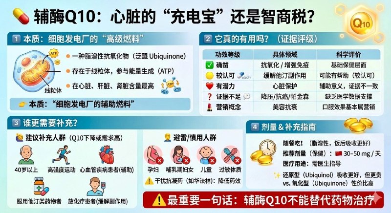「医药科普：辅酶Q10不是“神药” 但在特定人群中确实有一定价值！」昨天今天好几位推友私信询问辅酶10是否有必要，这确实得根据个人情况，因人而异，我之前也科普过辅酶Q10的一些基本知识，今天再发一下，大家有个最基本的了解，附图AI制作，可以收藏转发