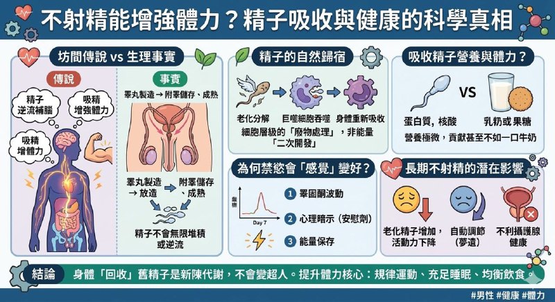 坊间一直都有一种说法只要不射精精子被身体吸收后就可以增强体力这个流传已久的都市传说从生理学的角度来看，其实是一个常见的误区