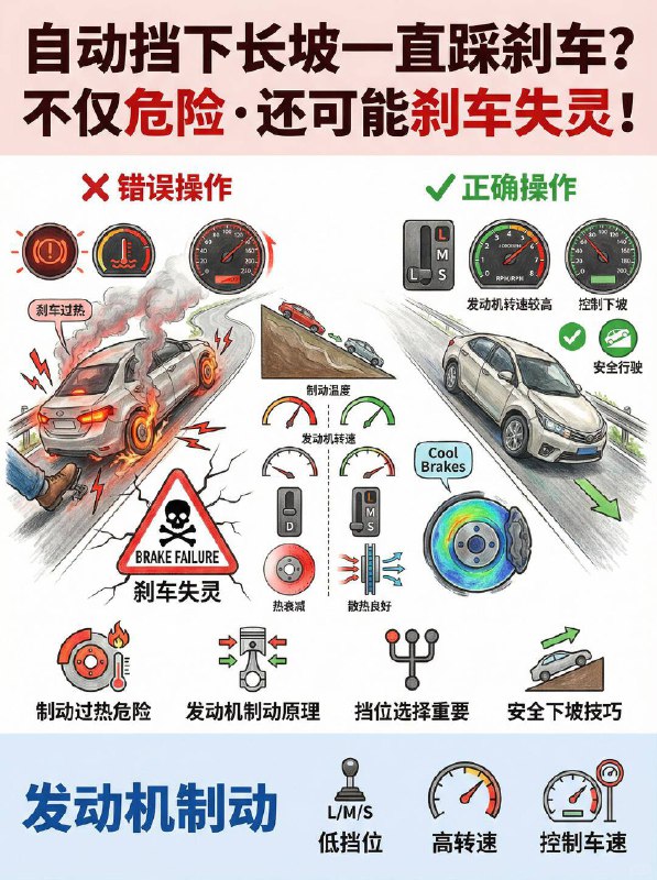 汽车小知识  自动挡下长坡的正确姿势🛑为什么一直踩刹车会“失灵”？长时间踩刹车会导致**“发热现象”**：温度峰值：刹车片与盘的惊人系数产生巨大的热量，温度可从正常的100-200°C峰值至400-600°C的危险区间