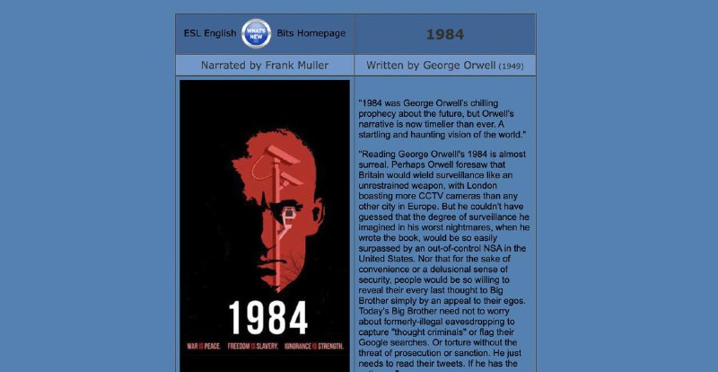 一个非常棒的“远古”英语学习网站：ESL Bits提供丰富的英语有声书全集，所有的小说、短篇故事、经典名著都配有音频朗读和文字，而且可以调节朗读速度，适合提高听力和阅读理解