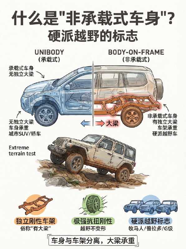 汽车小知识买SUV必看！带不带“大梁”，有啥区别？很多新手去买SUV，看着外观都很霸气，但其实市面上90%的城市SUV，骨子里只是一台“底盘加高的轿车”而已