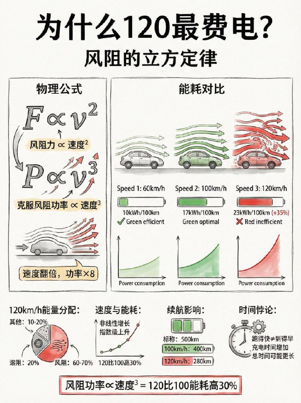 汽车小知识 电车高速省电策略春节回家跑高速，电车车主最怕什么？ 不是堵车，而是看着续航里程“断崖式”下跌！📉 很多新手觉得“开得快=到家早”，哪怕费点电也值得