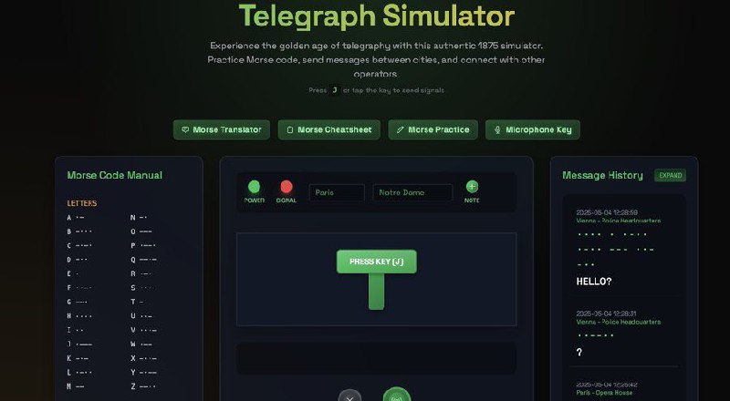趣站推荐：电报模拟器进入首页即可开始模拟发送电报，网站还提供摩斯电码翻译器、速查表、练习摩斯码等功能多学点这方面知识，也方便末日求生！telegraphsimulator.com