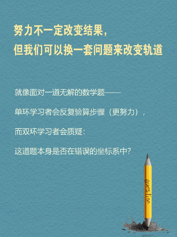 每天分享一个心理学知识｜双环学习🔄🧠💭 你有没有这样的时刻： 反复做总结，但问题还是出现在原地； 一次次尝试新方法，却换汤不换药； 解决了眼前的问题，却总感觉有什么更深的“模式”没有被打破； 工作中不断优化流程，却从未质疑：这件事值得做吗？   这时，你可能正陷在“单环学习”中