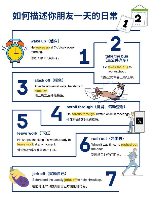 没事学点英语小知识：如何用英语描述你朋友一天的日常⬇️#英语小知识