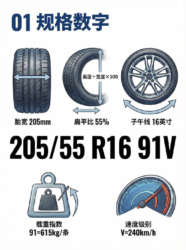 汽车小知识🔍 5分钟带你看懂轮胎“密码”1️⃣ 规格数字看到那一串类似 205/55 R16 91V 的数字了吗？205：胎宽（mm），越宽抓地力越好，但也更耗油 