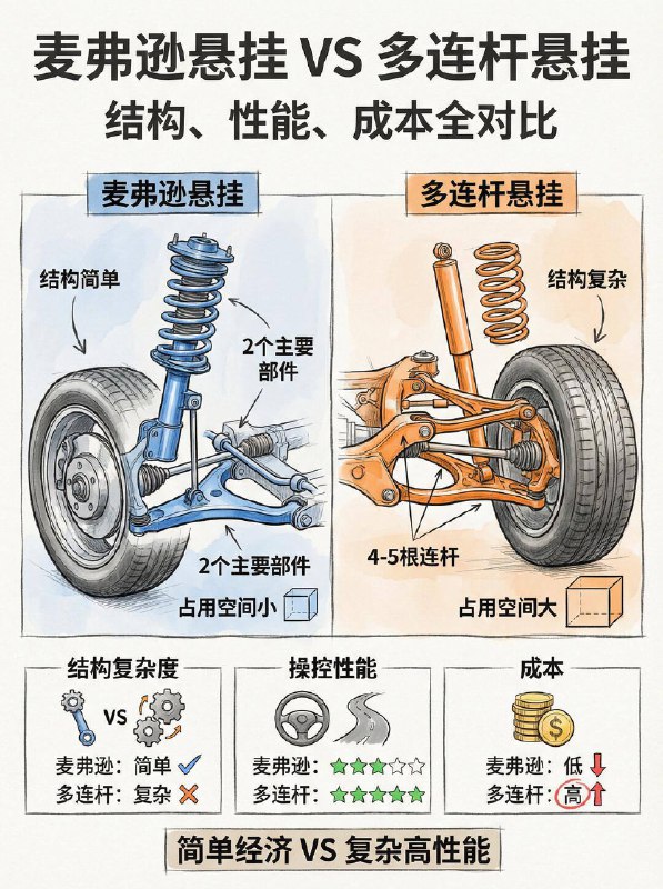 汽车小知识 麦弗逊 vs 多连杆：该选哪一款很多人买车必问：是不是多连杆？好像麦弗逊就是“廉价”的代名词