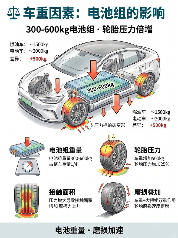 汽车小知识为什么电车比油车更费胎？很多电车车主发现：明明才开了两三万公里，轮胎花纹就快磨平了？其实这不是心理作用，电车确实比油车更“费胎”！  ⚖️ 1. “超重”的身体（电池组压力） 电车因为背负着沉重的电池包，整车重量通常比同级别油车重30%-50%
