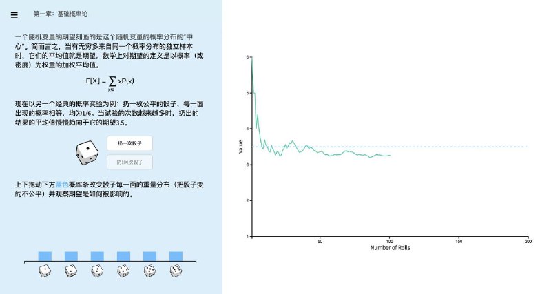 一个以视觉化互动方式讲解概率与统计基础概念的精致网站：Seeing-Theory网站致力于把那些原本枯燥难懂的统计学概念变成了生动有趣的互动动画，让统计学变得更容易理解，对什么贝叶斯定理，离散/连续分布、中值极限定理这些抽象概念头大的可以学习学习