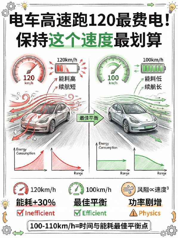 汽车小知识 电车高速省电策略春节回家跑高速，电车车主最怕什么？ 不是堵车，而是看着续航里程“断崖式”下跌！📉 很多新手觉得“开得快=到家早”，哪怕费点电也值得