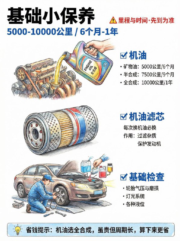 汽车小知识新手司机必看！车辆保养周期表1️⃣ 保养核心原则：先到为准！⏱️里程与时间：保养遵循“先到为准”原则