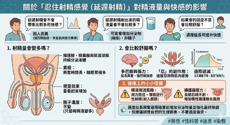 延迟射精会不会带来比较多的快感？延迟射精射出来的精液量会不会比较多？如果会的话是不是会比较舒服？关于「忍住射精感觉（延迟射精）」对精液量与快感的影响这在生理学与性医学上其实有很明确的机制