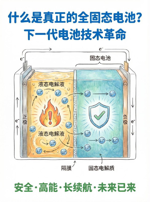 汽车小知识 🔋什么是真正的全固态电池？🧐什么是真正的“全固态”？简单来说，就是把电池里的易燃液体全部抽干，换成稳定如泰山的热量