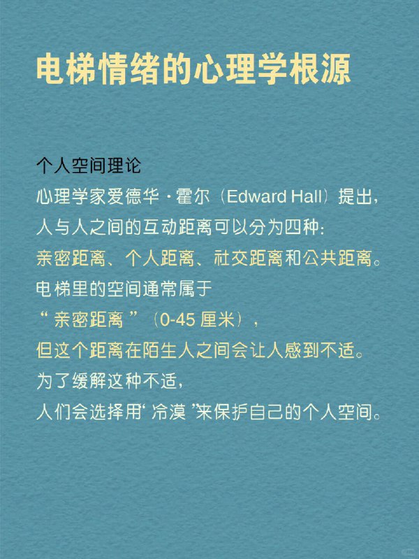 每天分享一个心理学知识｜电梯情绪🎢你也有过“电梯焦虑症”吗？   想象一下，电梯门缓缓关上，你站在狭小的空间里，身边是陌生的面孔