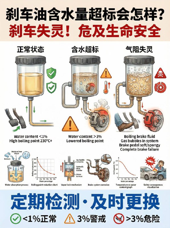 汽车小知识 刹车突然变软？刹车油可能“含水”超标🛑 为什么刹车油会含水？刹车油（醇醚型）天生具有强吸湿性，会主动吸收水分