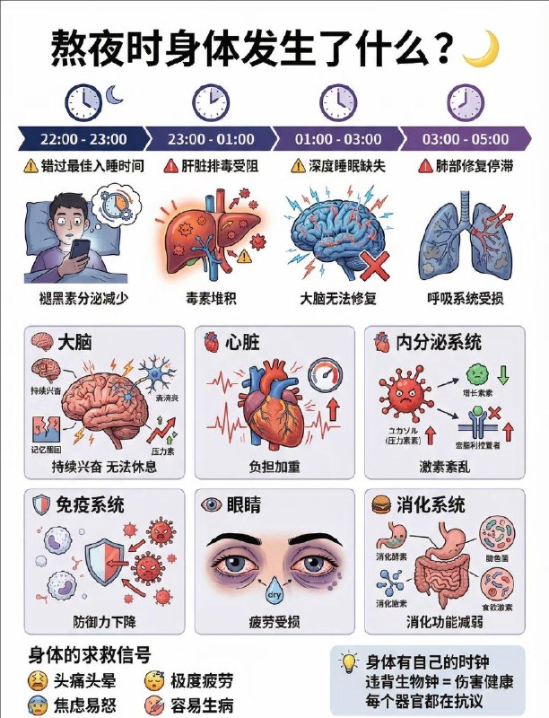 熬夜后别再喝咖啡☕️你还在靠一杯咖啡“续命”熬夜吗？当心它正在悄悄加重你身体的负担！ 熬夜后最该避开的“提神刺客”：咖啡、浓茶、功能饮料熬夜本身已让心脏处于疲惫状态，而咖啡因会进一步刺激交感神经，导致：⚠️心率加快、血压上升⚠️ 加重心脑血管负担长期“熬夜+咖啡”组合，会显著增加心脑血管疾病风险！更可怕的是，它容易让你陷入恶性循环：熬夜→没精神→喝咖啡提神→更难入睡→继续熬夜…（同理，浓茶、功能性饮料也含大量咖啡因，同样不建议！） 熬夜后这样做，恢复效率翻倍 喝一杯温水促进新陈代谢，帮助身体排出熬夜积累的代谢废物