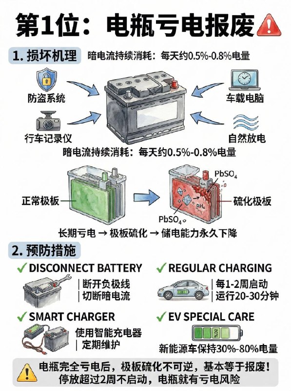 车子停着不开，这3个地方最容易报废🔋 1. 电瓶直接“饿死”（最常见！） 车子虽然熄火，但防盗系统等还在微量耗电（暗电流）
