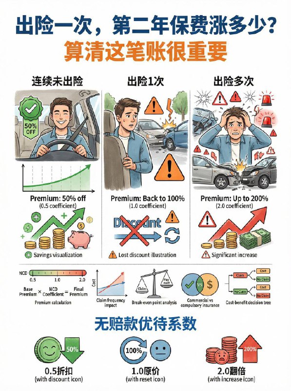 汽车小知识 出险一次保费涨多少？1️⃣ 保费是怎么涨起来的？车险保费核心由 NCD系数（无赔款优待系数） 决定