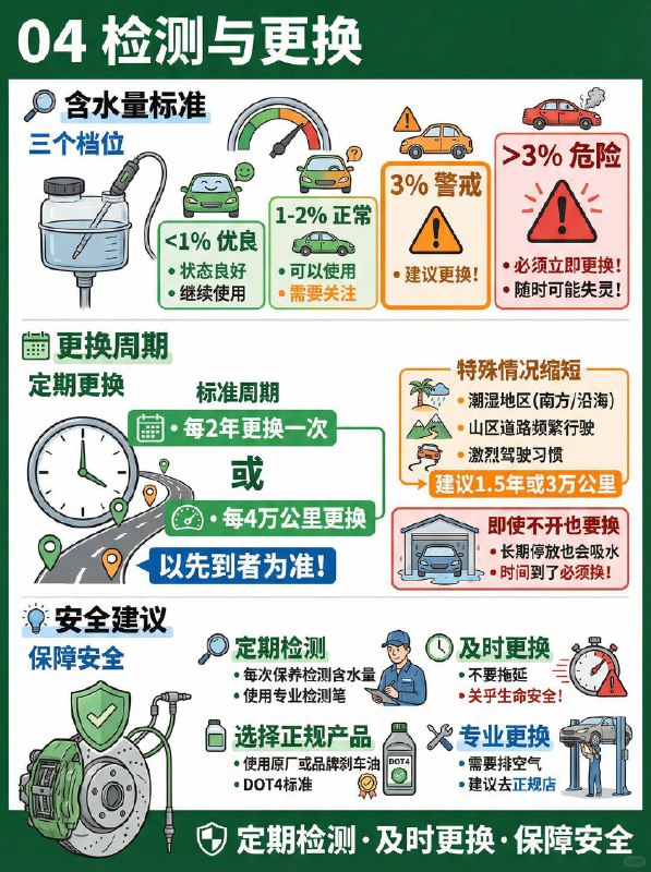 汽车小知识 刹车突然变软？刹车油可能“含水”超标🛑 为什么刹车油会含水？刹车油（醇醚型）天生具有强吸湿性，会主动吸收水分