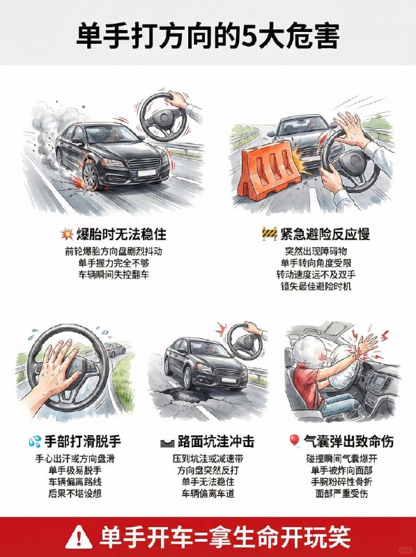 老司机也常犯错！方向盘到底怎么握？很多人开车喜欢单手搓方向盘，或者把手搭在12点钟位置，觉得这样不仅轻松，还特别帅