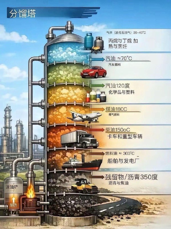 「工业分馏塔在原油炼制过程中的工作原理展示图」利用不同烃类物质沸点的差异，通过加热将原油分离成多种高价值的产品：轻组分（如液化石油气）： 在塔顶低温区分离，用于烹饪和加热