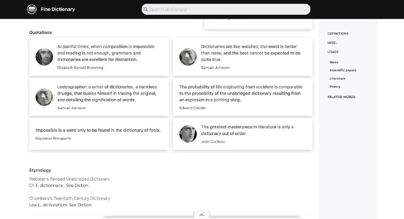 一个小众充满文艺范的英语词典网站：FineDictionary通过文艺复古的插图和丰富的例句，趣味知识，引语等等帮助你吃透英语词汇