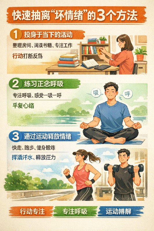 「健康科普：快速抽离“坏情绪”的3个方法」1、投身于当下的活动：立即去做一件需要专注的小事，无论是整理房间、阅读几页书，还是完成一项工作，行动是打断反刍最直接的方式