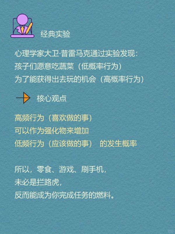 每天分享一个心理学知识|普雷马克原理你是否也曾这样和自己谈判？"写完这个报告，就奖励自己一集热播剧""健完身，就可以喝那杯想念已久的奶茶""背完这50个单词，就能玩一局最喜欢的游戏"这种“用喜欢的事情，奖励不喜欢的事情”的做法，在心理学里有一个名字—普雷马克原理（Premack Principle).每天分享一个心理学知识|普雷马克原理你是否也曾这样和自己谈判？"写完这个报告，就奖励自己一集热播剧""健完身，就可以喝那杯想念已久的奶茶""背完这50个单词，就能玩一局最喜欢的游戏"这种“用喜欢的事情，奖励不喜欢的事情”的做法，在心理学里有一个名字—普雷马克原理（Premack Principle).