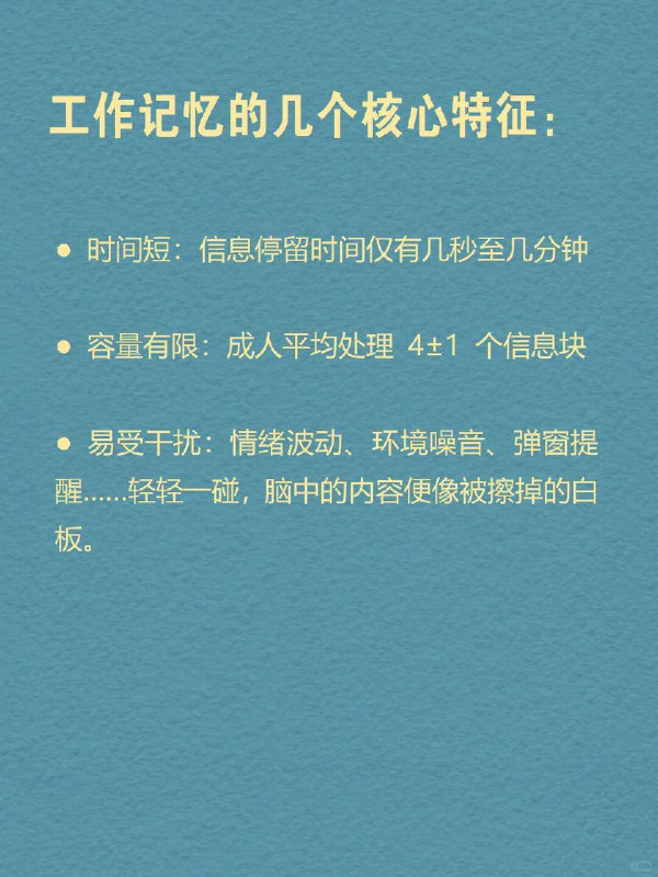 每天分享一个心理学知识|工作记忆☁️为什么我们总在无声中“丢失信息”？会议中走神片刻，便忘了刚才说了什么；点开手机，却想不起来本来要查什么；书翻到第七页，却回忆不起第二页讲了什么