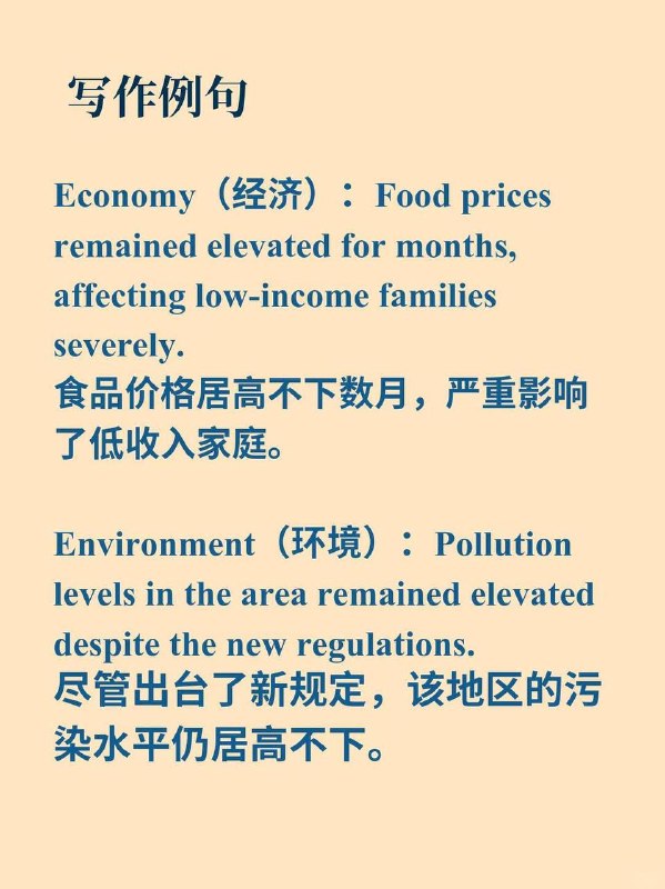 积累一个外刊地道表达——居高不下《纽约客》✨ 外刊原句：...and （remained elevated） for two months.……并且居高不下达两个月之久