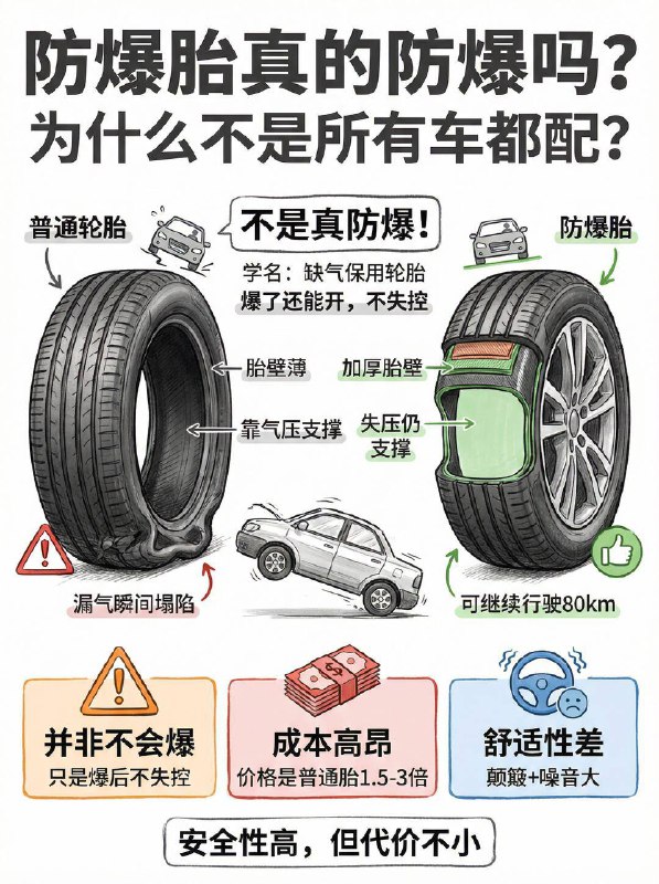 防爆胎真的“防爆”吗？1️⃣ 核心原理：硬碰硬普通胎： 胎壁薄，全靠气压撑着，一旦漏气瞬间塌陷