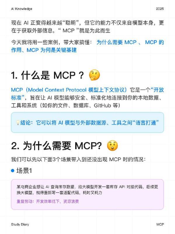每天一个AI知识：MCP 是什么？现在 AI 正变得越来越“聪明”，但它的能力不仅来自模型本身，更在于获取外部信息，“MCP”就是为此而生今天我将用一些案例，带大家搞懂：为什么需要 MCP 、MCP 的作用、MCP 为何是关键基建