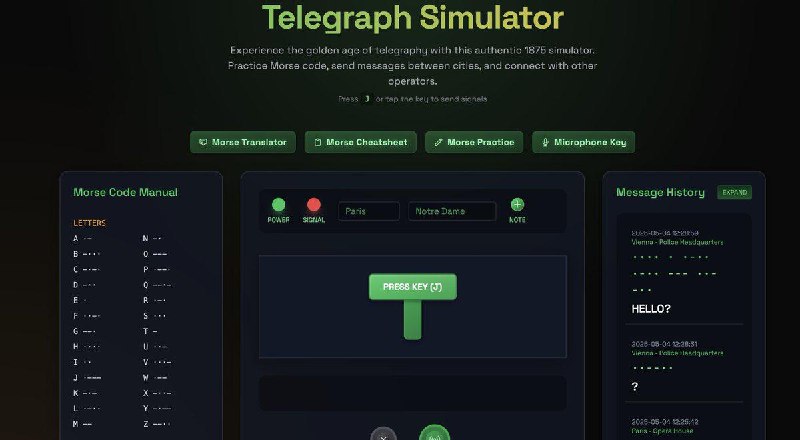 趣站推荐：电报模拟器进入首页即可开始模拟发送电报，网站还提供摩斯电码翻译器、速查表、练习摩斯码等功能多学点这方面知识，也方便末日求生！