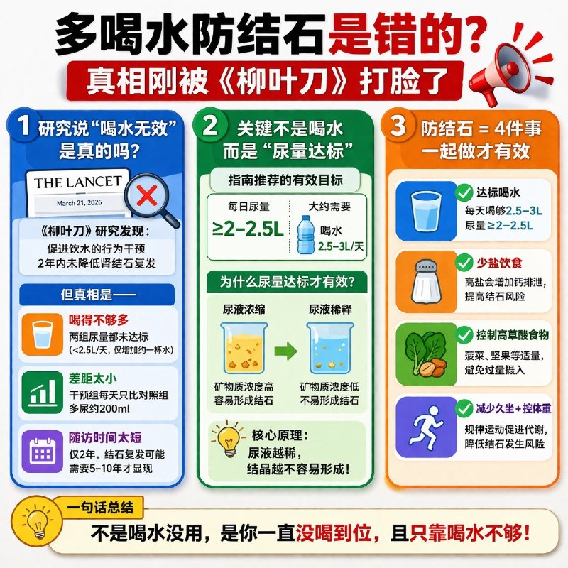 “平时多喝点水，不容易得结石”这句被写进无数科普、刻进长辈唠叨、也被大多数人奉为常识的健康箴言，竟然在顶级医学期刊面前「翻车」了？事情的起因是 2026 年 3 月 21 日，《柳叶刀》发表了一项关于肾结石预防的高质量研究