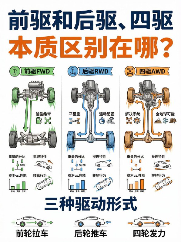 汽车小知识 前驱、后驱、四驱怎么选？1️⃣ 前驱 (FWD)：经济适用的“拉车人”工作原理： 发动机带前轮跑，就像人在前面拉车