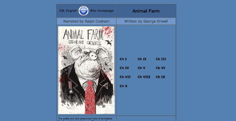 一个非常棒的“远古”英语学习网站：ESL Bits提供丰富的英语有声书全集，所有的小说、短篇故事、经典名著都配有音频朗读和文字，而且可以调节朗读速度，适合提高听力和阅读理解