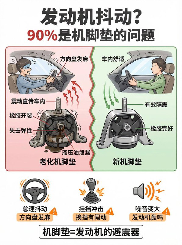 汽车小知识车子等红灯抖？多半是机脚垫坏了！🌟什么是机脚垫？它是连接发动机与底盘的“软连接”，就像一个缓冲垫，负责支撑发动机并吸收制动