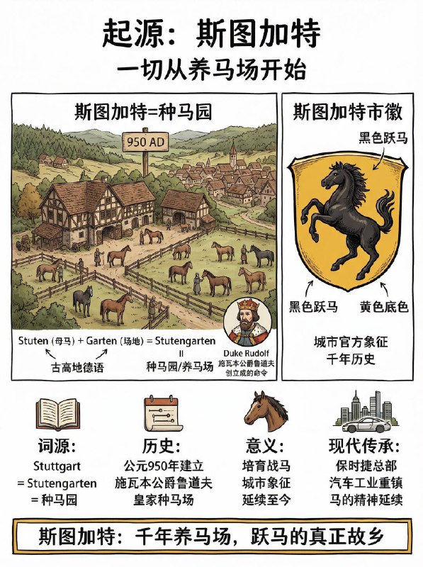 汽车小知识 为什么法拉利和保时捷都在用这匹马？1️⃣ 跃马的真正故乡：斯图加特这匹马的“祖籍”是德国的斯图加特（Stuttgart）