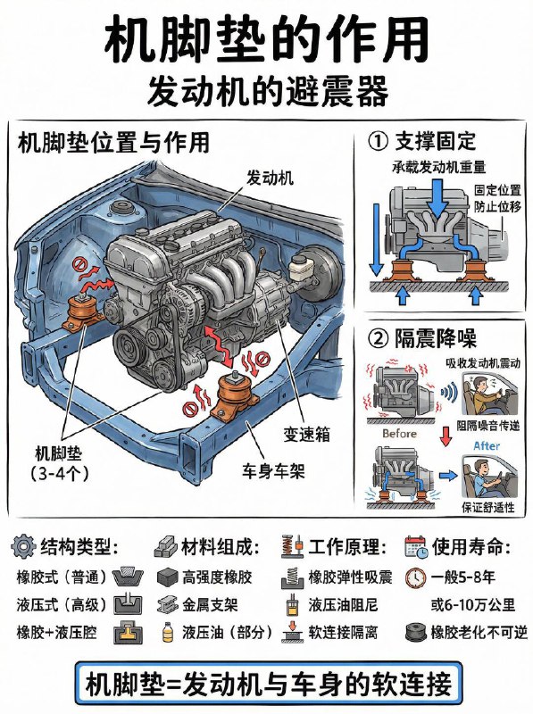 汽车小知识车子等红灯抖？多半是机脚垫坏了！🌟什么是机脚垫？它是连接发动机与底盘的“软连接”，就像一个缓冲垫，负责支撑发动机并吸收制动