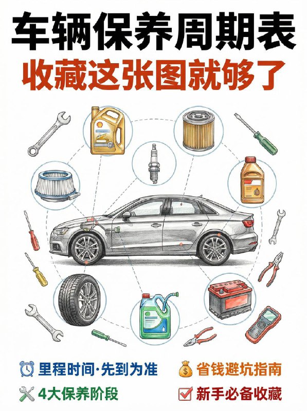 汽车小知识新手司机必看！车辆保养周期表1️⃣ 保养核心原则：先到为准！⏱️里程与时间：保养遵循“先到为准”原则