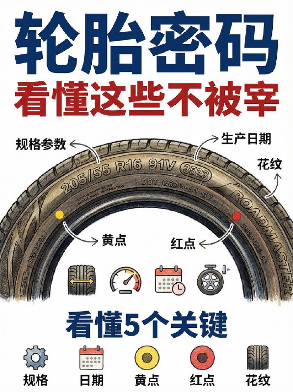 汽车小知识🔍 5分钟带你看懂轮胎“密码”1️⃣ 规格数字看到那一串类似 205/55 R16 91V 的数字了吗？205：胎宽（mm），越宽抓地力越好，但也更耗油 