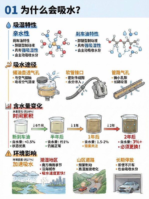 汽车小知识 刹车突然变软？刹车油可能“含水”超标🛑 为什么刹车油会含水？刹车油（醇醚型）天生具有强吸湿性，会主动吸收水分