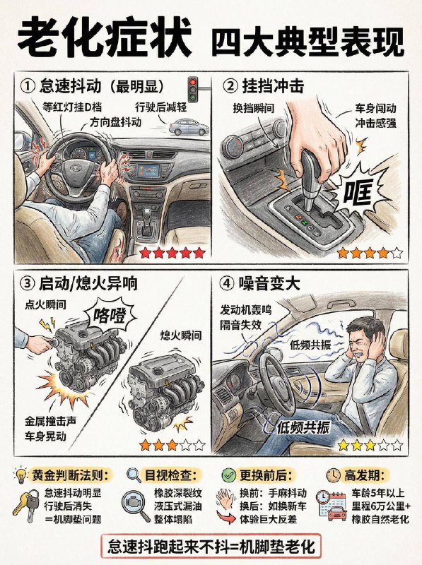 汽车小知识车子等红灯抖？多半是机脚垫坏了！🌟什么是机脚垫？它是连接发动机与底盘的“软连接”，就像一个缓冲垫，负责支撑发动机并吸收制动