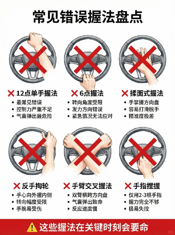 老司机也常犯错！方向盘到底怎么握？很多人开车喜欢单手搓方向盘，或者把手搭在12点钟位置，觉得这样不仅轻松，还特别帅