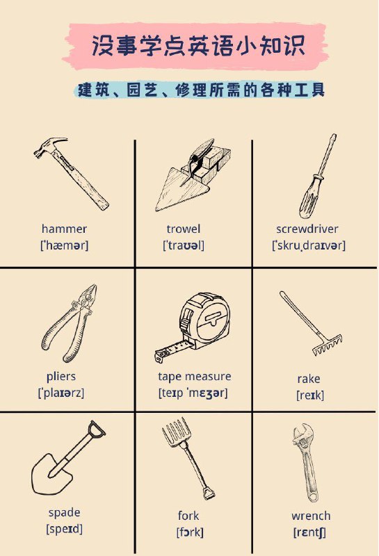 没事学点英语小知识：建筑、园艺、修理所需的各种工具🔧#英语小知识