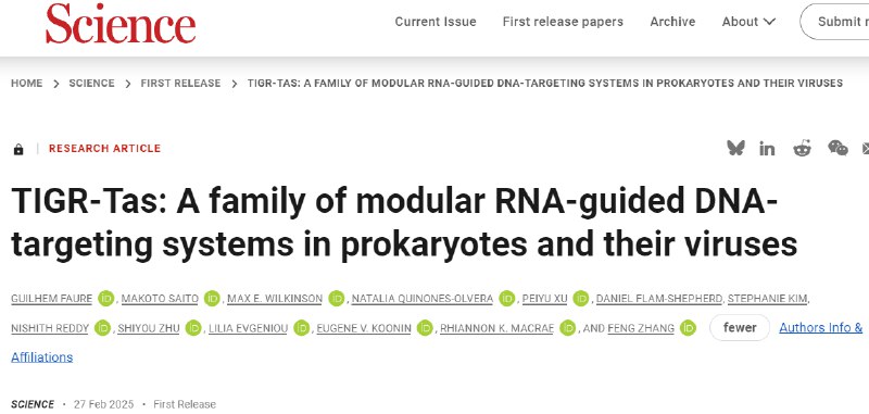 张锋团队突破基因编辑瓶颈！发现新型RNA引导系统TIGR-Tas，为基因治疗带来新工具​张锋院士团队在《科学》杂志发表最新研究，揭示了一种名为TIGR-Tas的全新基因编辑系统