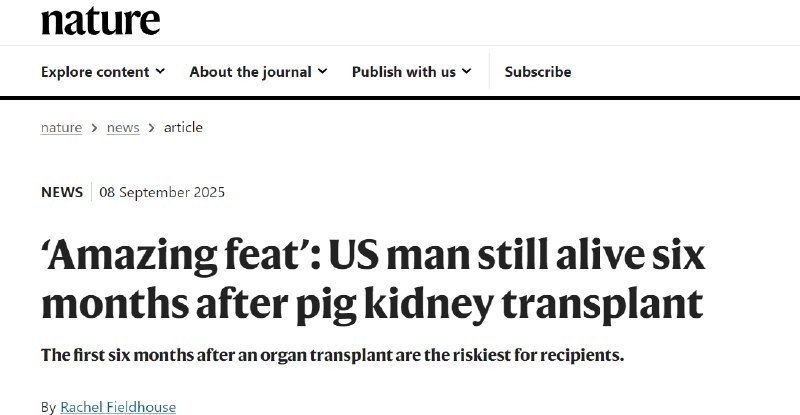 医学奇迹！猪肾移植患者存活超半年，异种移植迎新里程碑美国一位 67 岁的终末期肾病患者今年 1 月 25 日在麻省总院接受了移植手术，如今已存活超过 220 天，创下了猪器官在活人身上存活时间最长的世界纪录