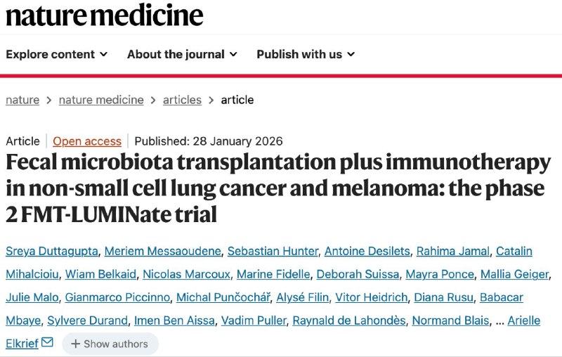 粪便微生物移植联合免疫疗法，肺癌、黑色素瘤患者响应率显著提升？免疫检查点抑制剂（如PD-1抑制剂）在肺癌和黑色素瘤治疗中效果显著，但约一半患者会出现原发性耐药
