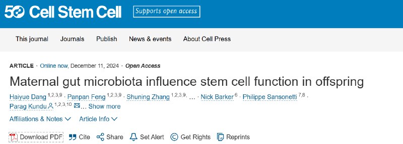 母体肠道微生物组对后代干细胞功能的影响  一项发表在《Cell Stem Cell》杂志上的最新研究发现，母体肠道微生物组在怀孕期间能够显著影响后代的干细胞特性，包括肠道和神经干细胞的功能